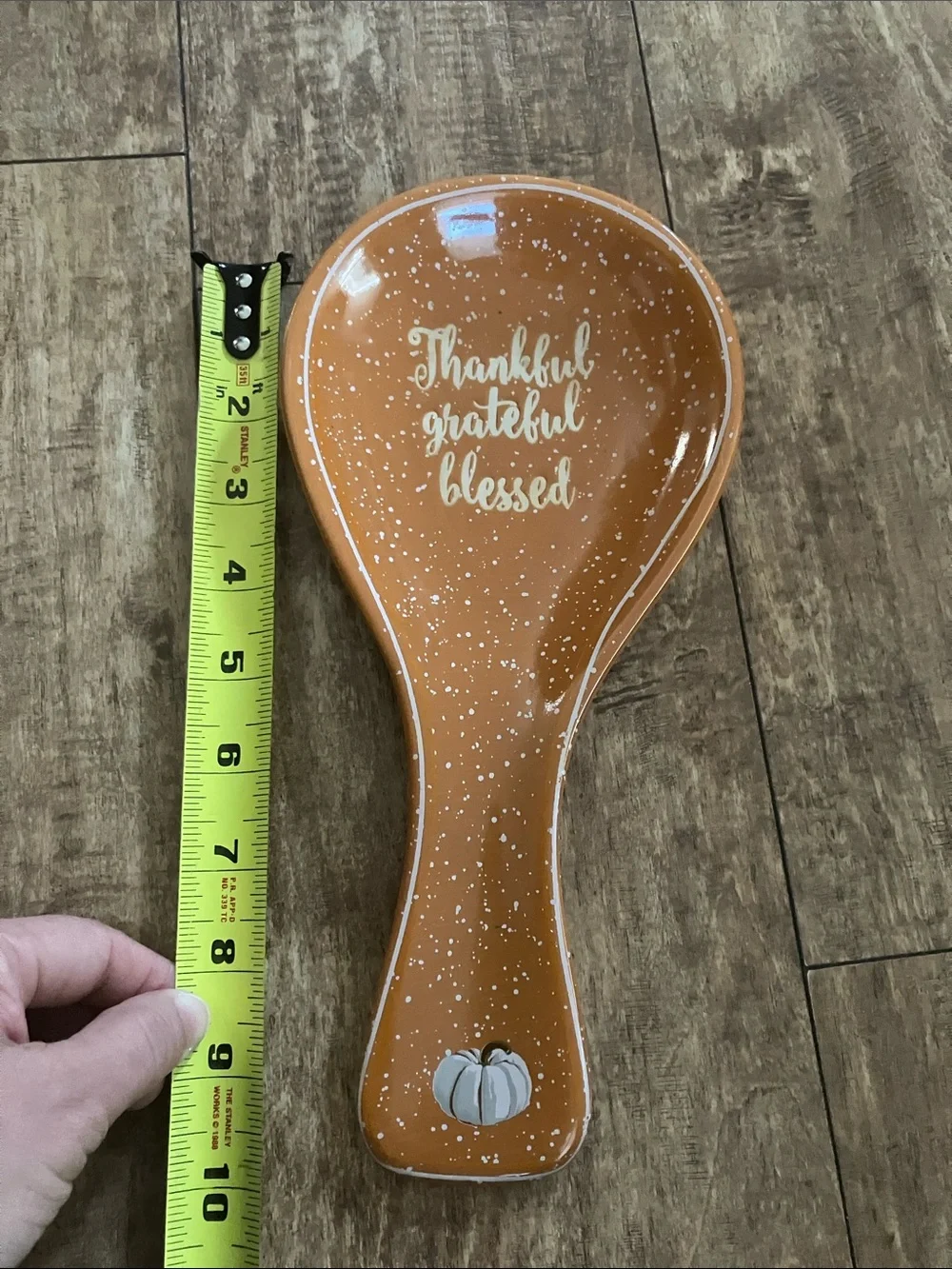 Orange Ceramic Spoon Rest with 'Thankful Grateful Blessed' Script